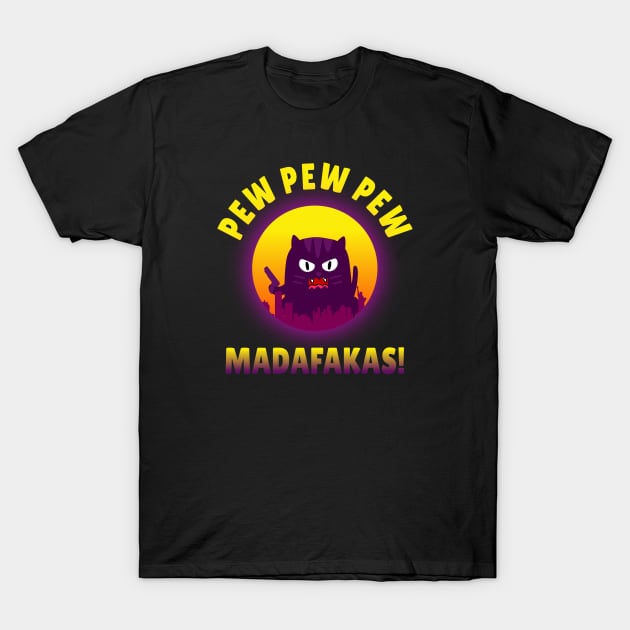 Pew Pew Pew Madafakas - Retro Wave Cat T-Shirt by Lumintu Merch